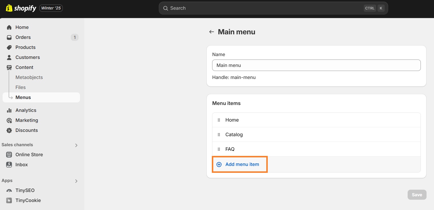 Add Shopify menu item