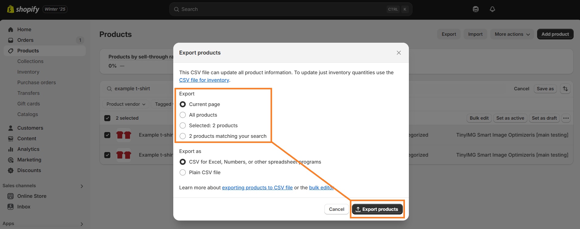Export multiple products on Shopify