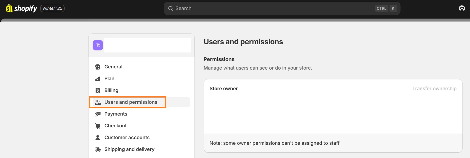 Users and permissions on Shopify