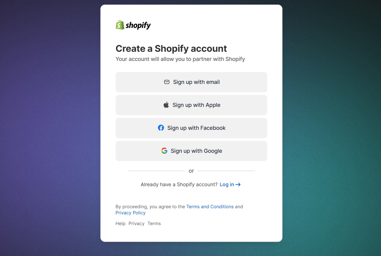 Create a Shopify account