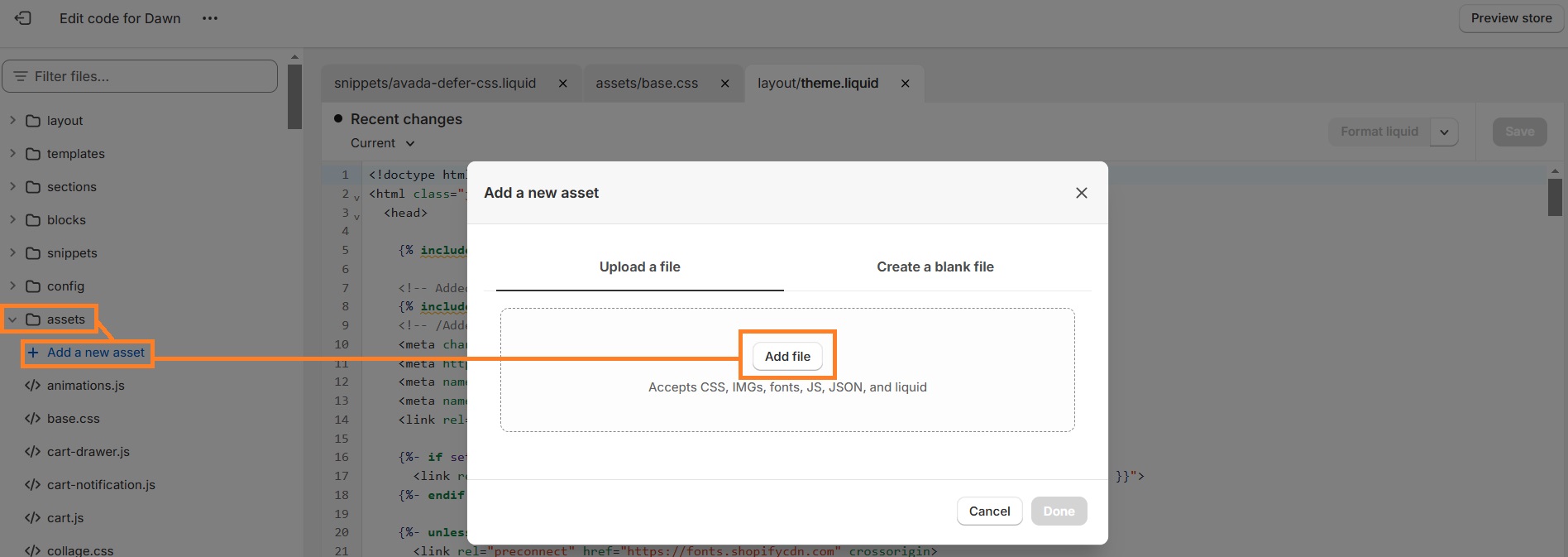 Add new assets on Shopify