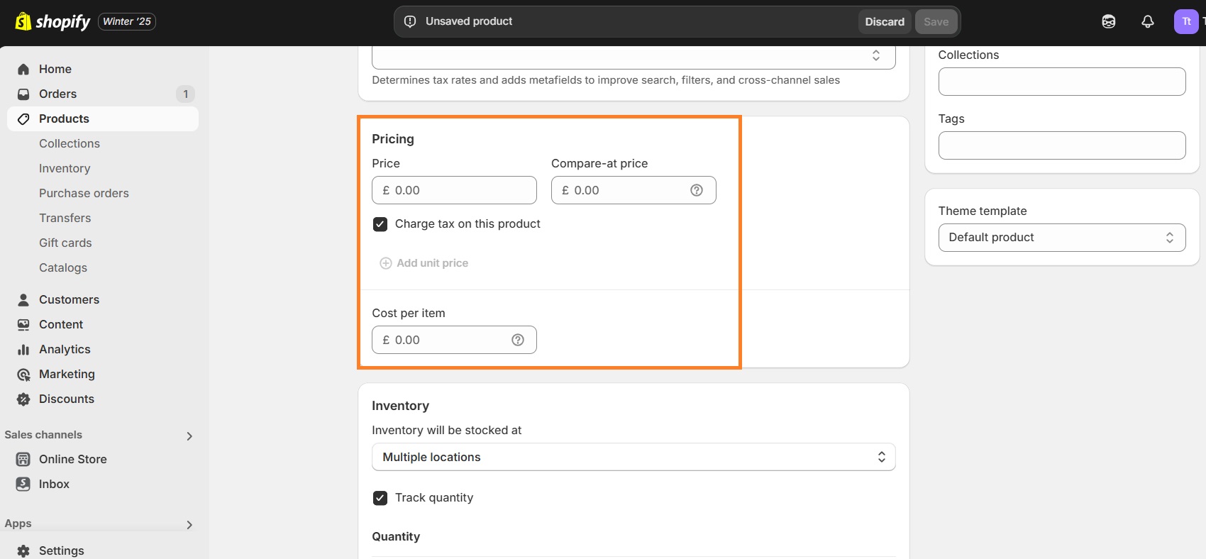 Shopify store add product price