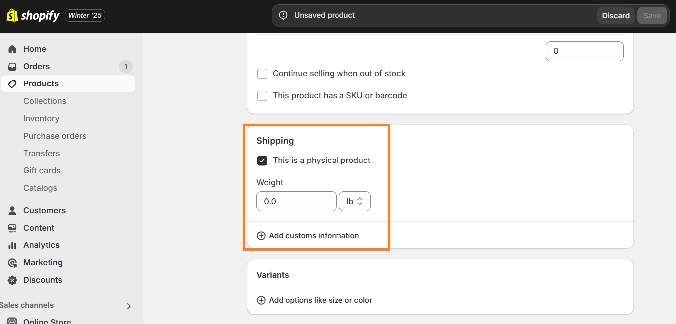 Shopify product shipping and inventory
