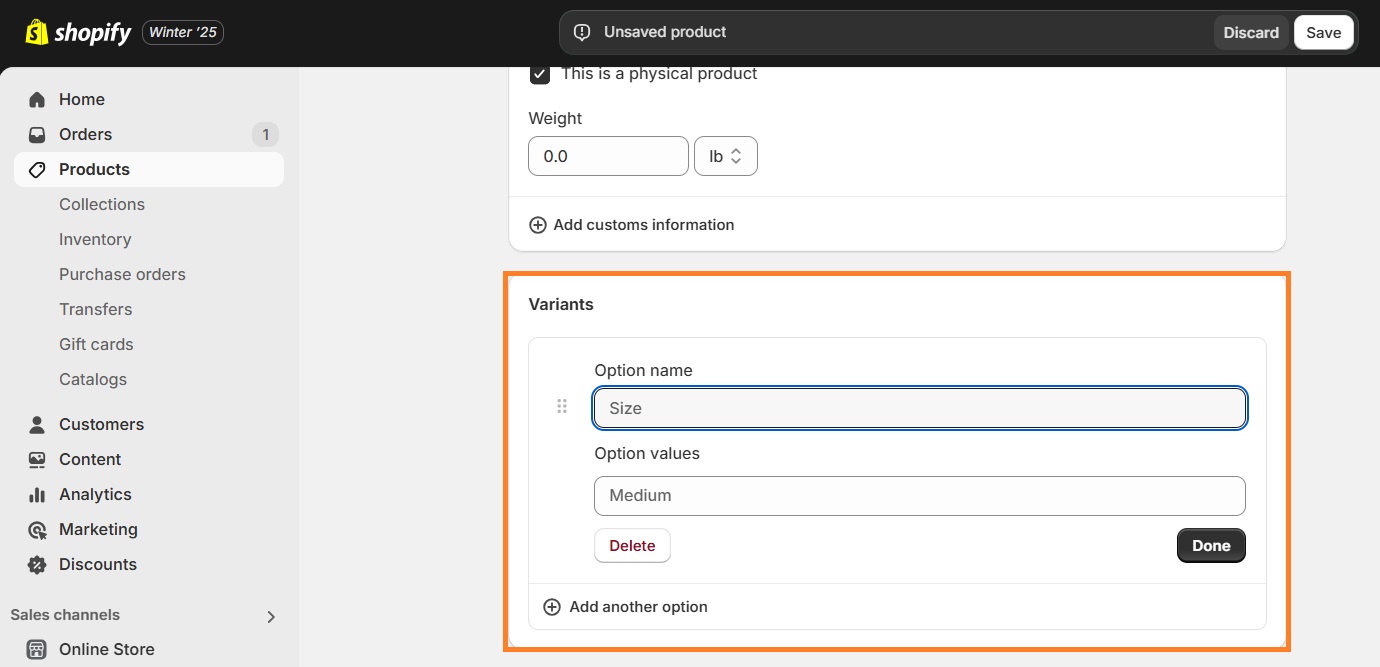 Add product variants to Shopify