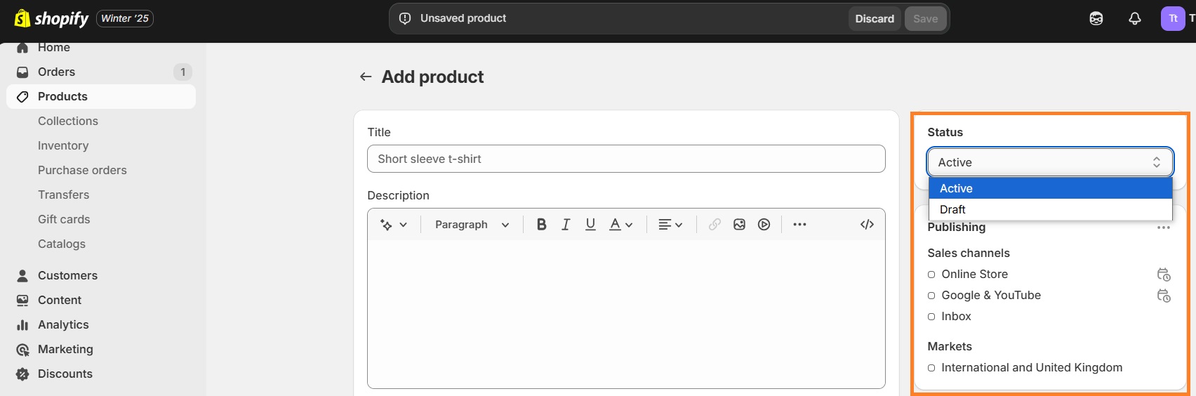 Shopify product status