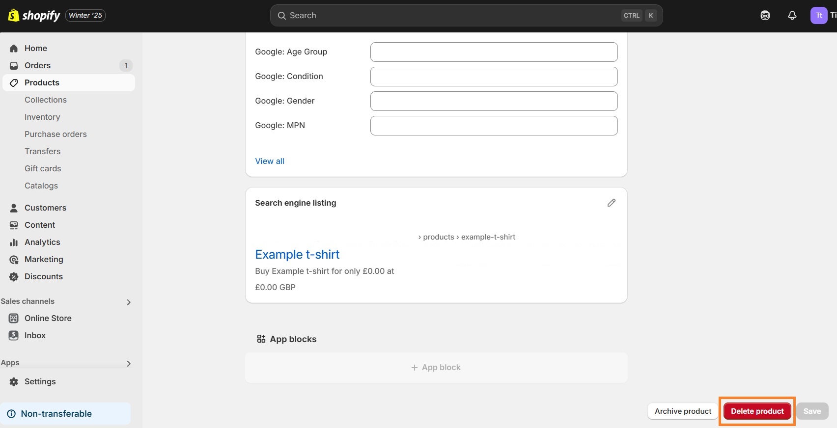 Delete Shopify product