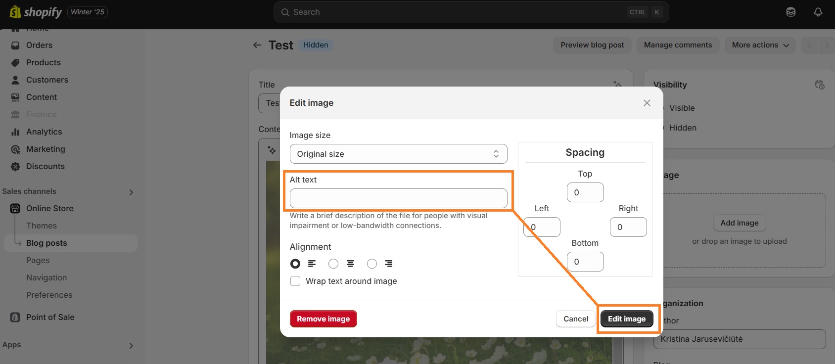 Adding alt text to Shopify blog image