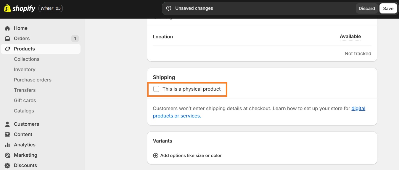 Shopify digital product setting