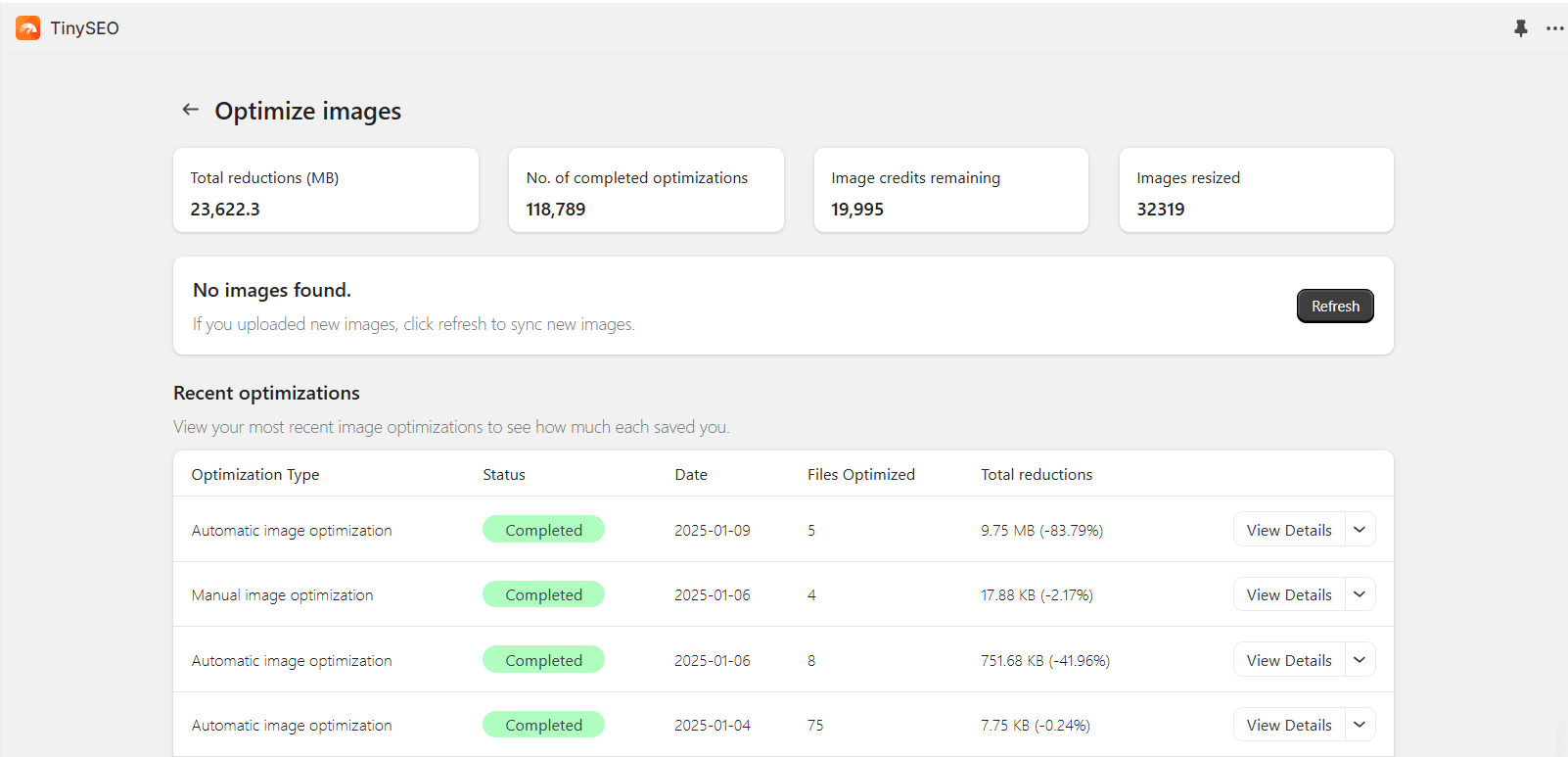 TinyIMG image optimization dashboard