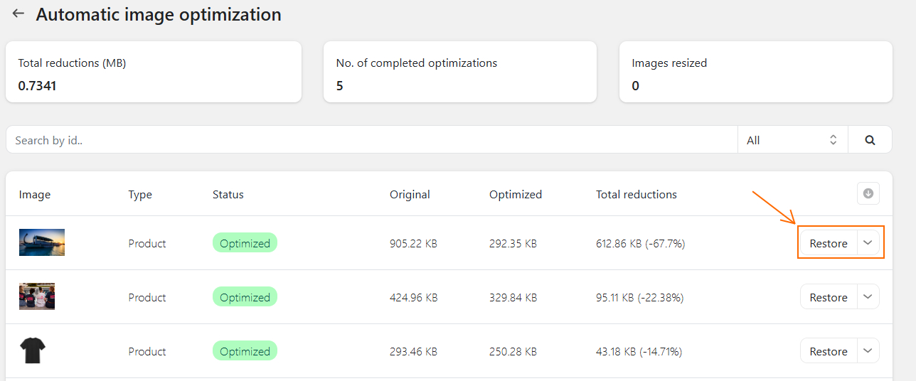 Restore images after optimization with TinyIMG