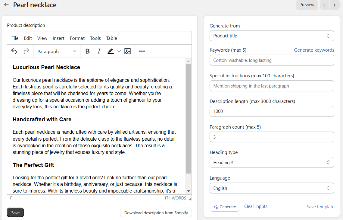 Generated AI product description with TinyIMG