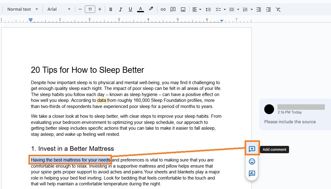 Add a comment to Google Docs