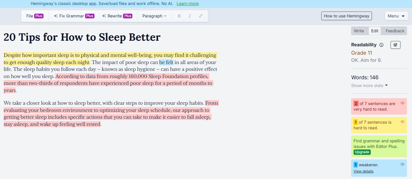 Improve sentence readability with Hemingway app