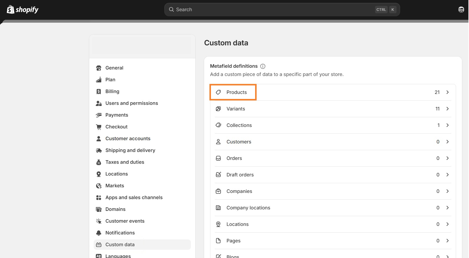 Custom data for products on Shopify