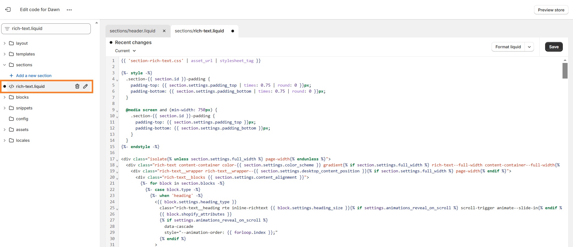 Edit rich-text.liquid code in Shopify