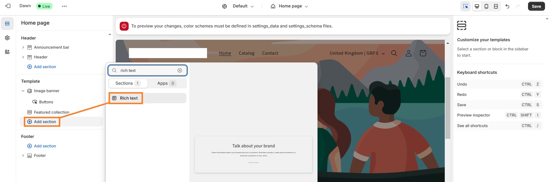 Add rich text section to Shopify