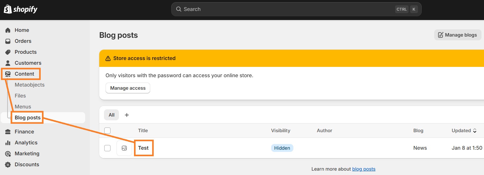Shopify blog post page