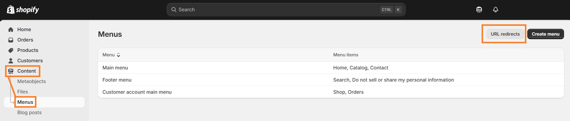 Shopify redirects in Content section