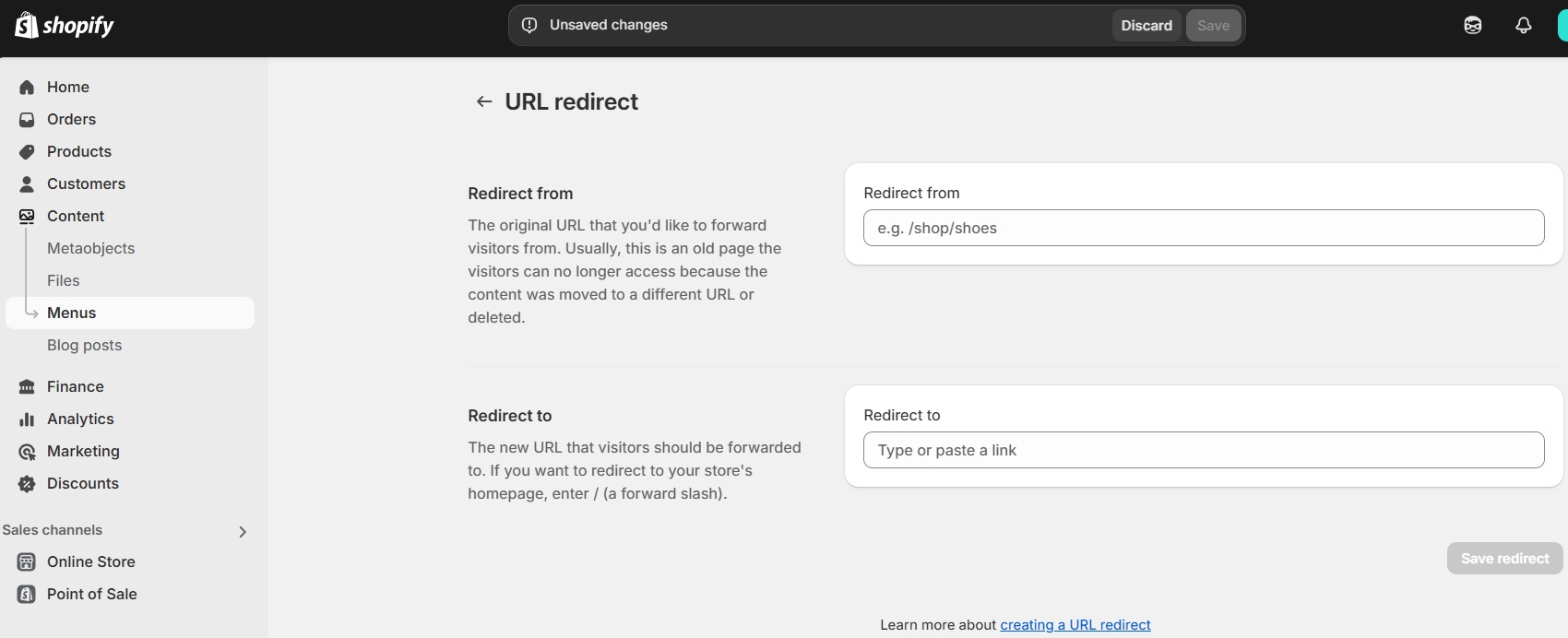 Create URL redirect on Shopify