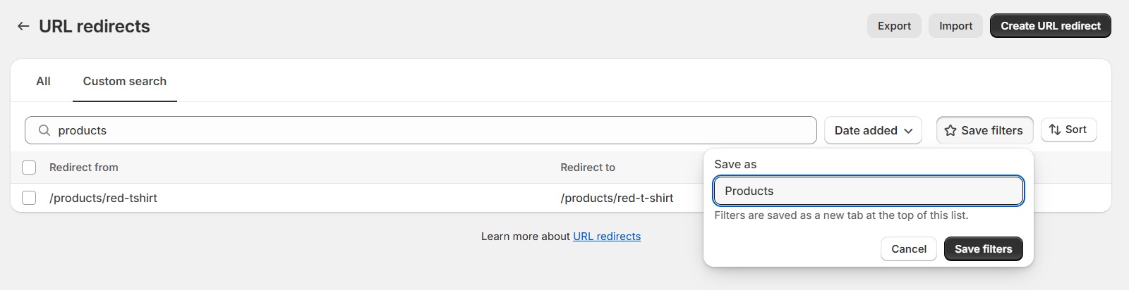Save URL redirect filter