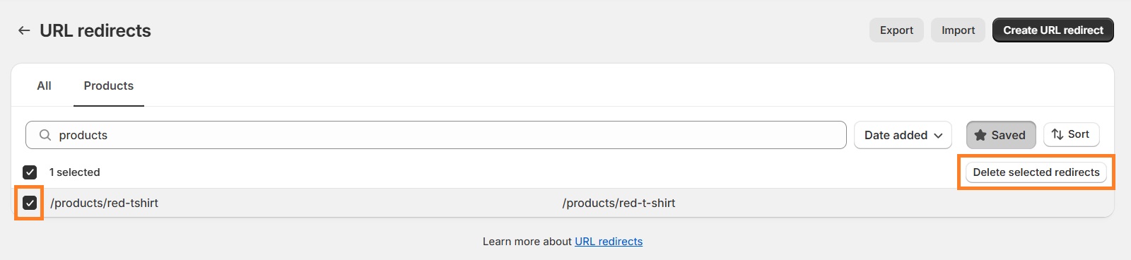 Delete Shopify redirects