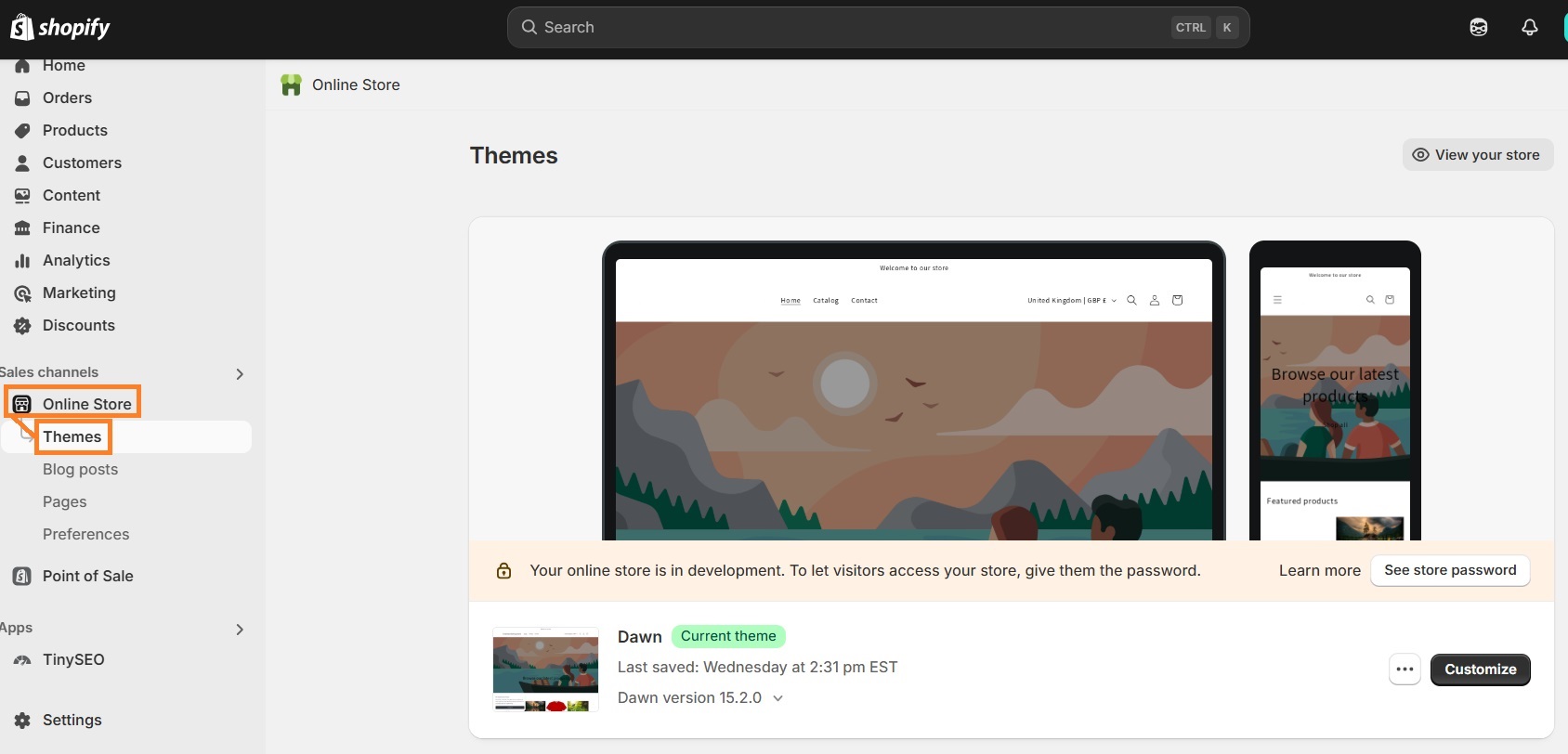 Themes section in Shopify Admin