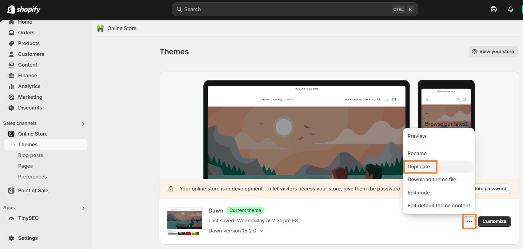 Duplicating the current Shopify theme