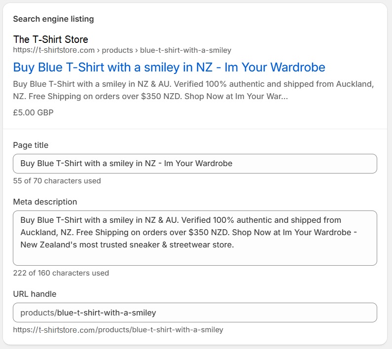 Shopify search engine listing example