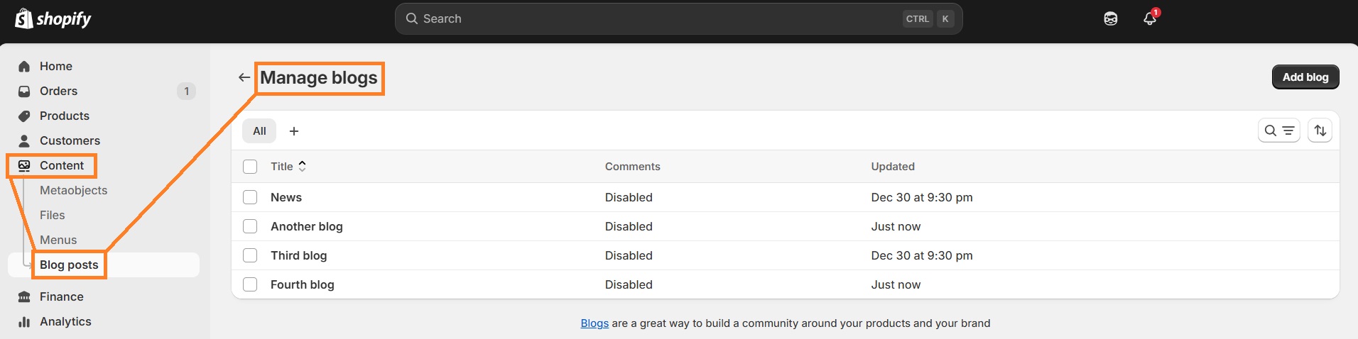 Manage Shopify blogs