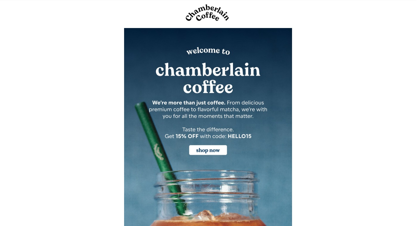 Welcome email example of Chamberlain Coffee