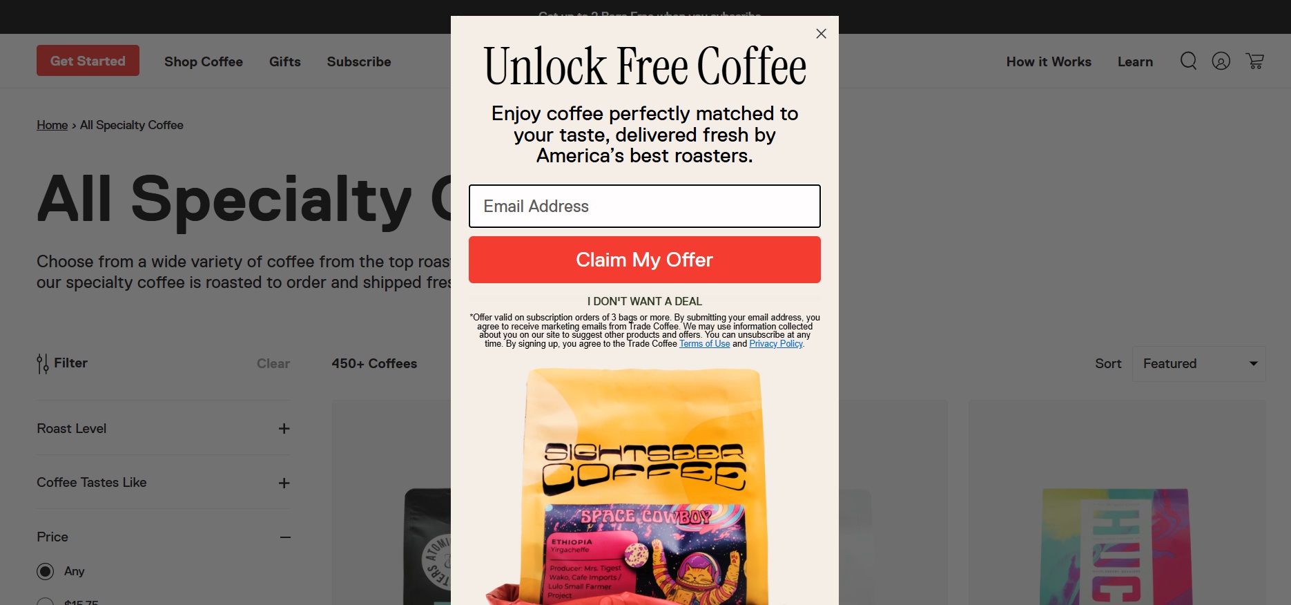 Trade Coffee welcome popup example