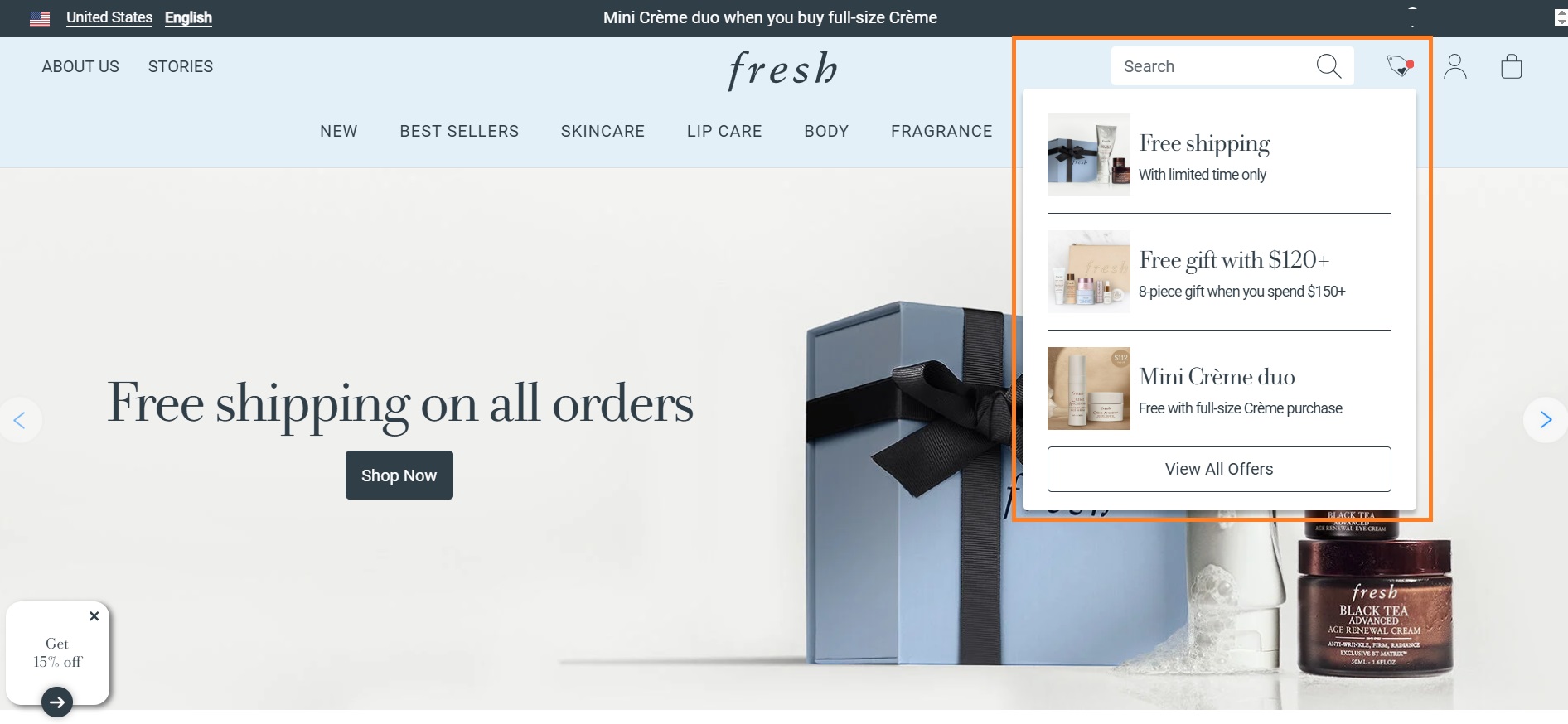 On-site notification example on Fresh website