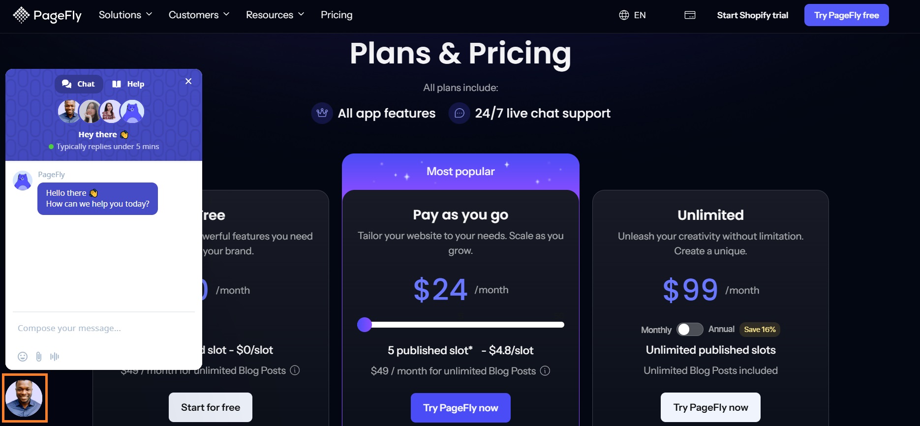 Pagefly live chat icon example
