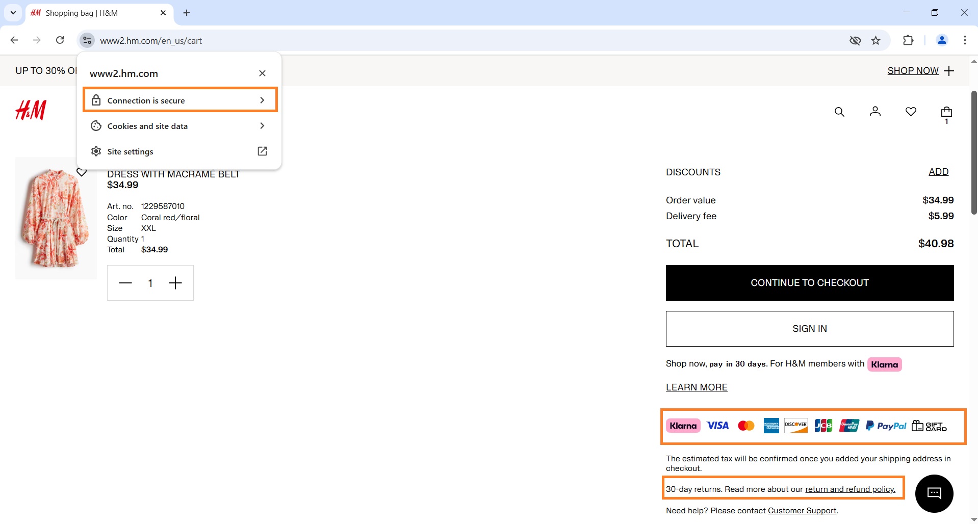 Trust signal examples on H&M website