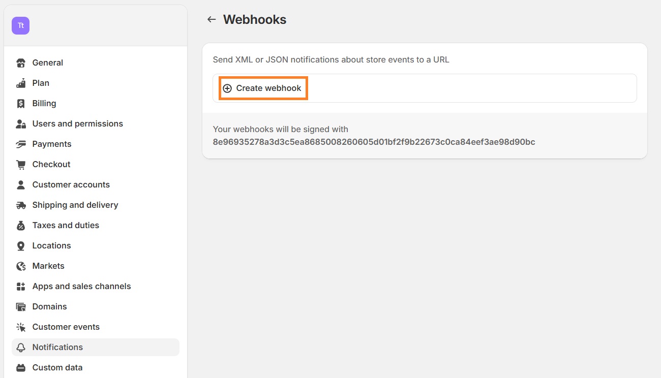 Create webhook on Shopify