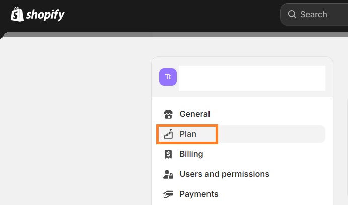 Shopify settings plan section