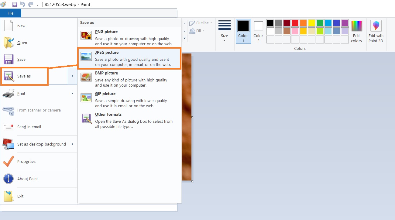 Change image format in Paint