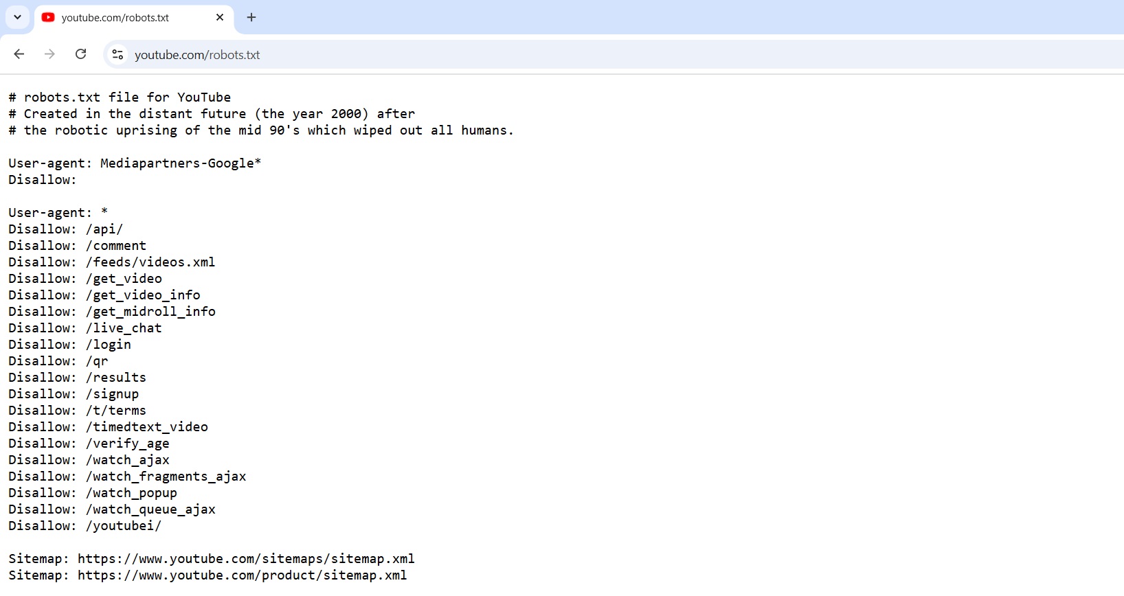 YouTube robots.txt example