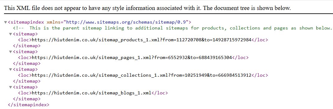 Parent sitemap example on Shopify