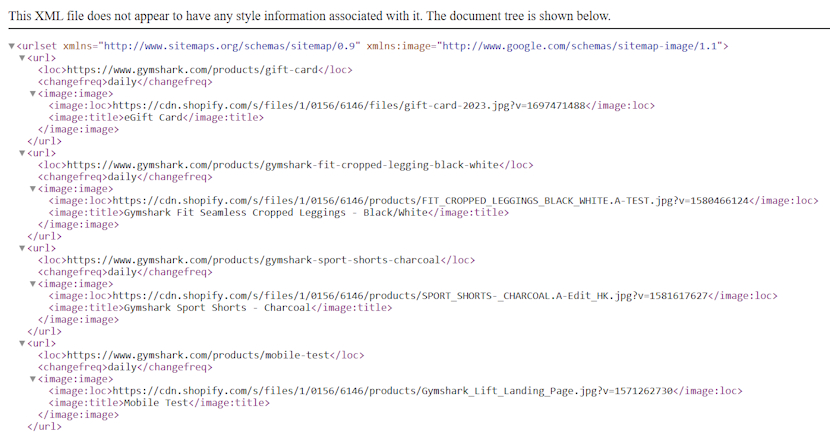 Child sitemap example on Shopify