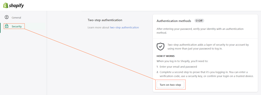 Shopify two-factor authentication setup