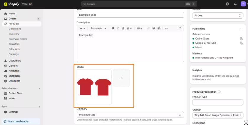 Shopify product images media section