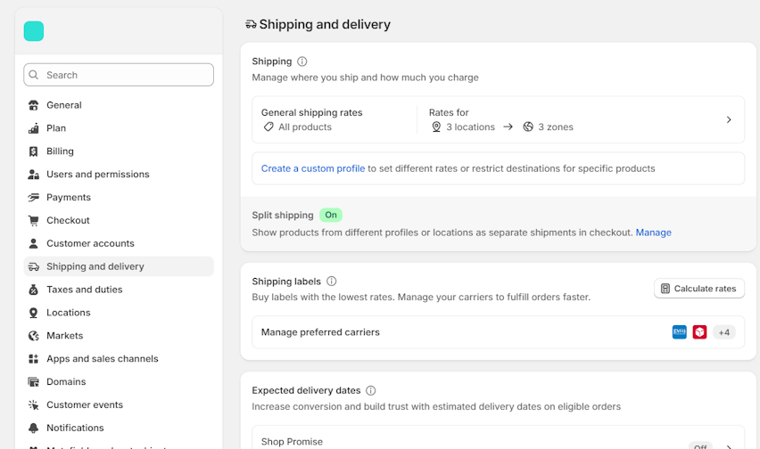 Shopify shipping settings