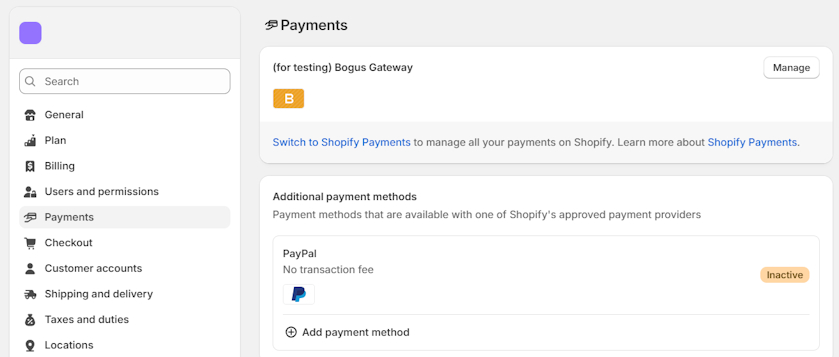 Shopify payment settings