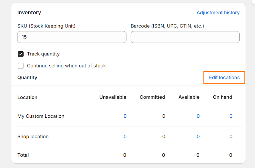 Edit inventory locations on Shopify