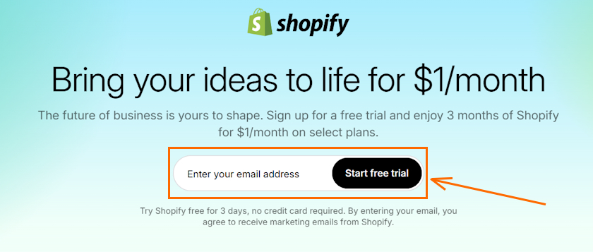 Shopify free trial page