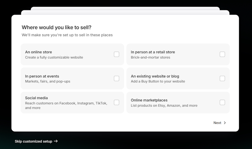 Shopify customized setup questions