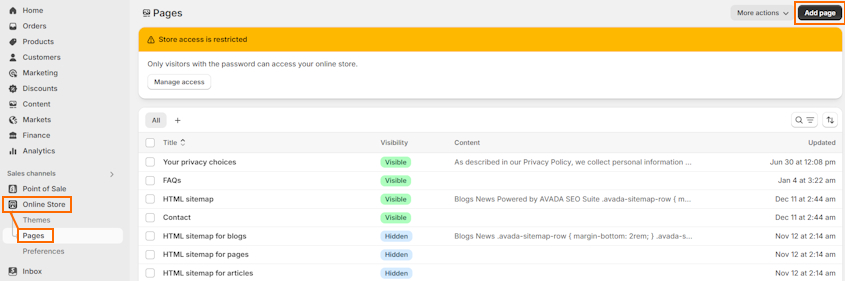 Add pages to Shopify