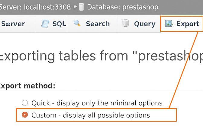 phpMyAdmin custom export option