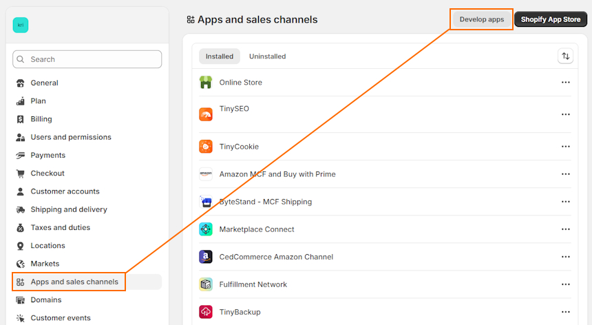 Find API key on Shopify